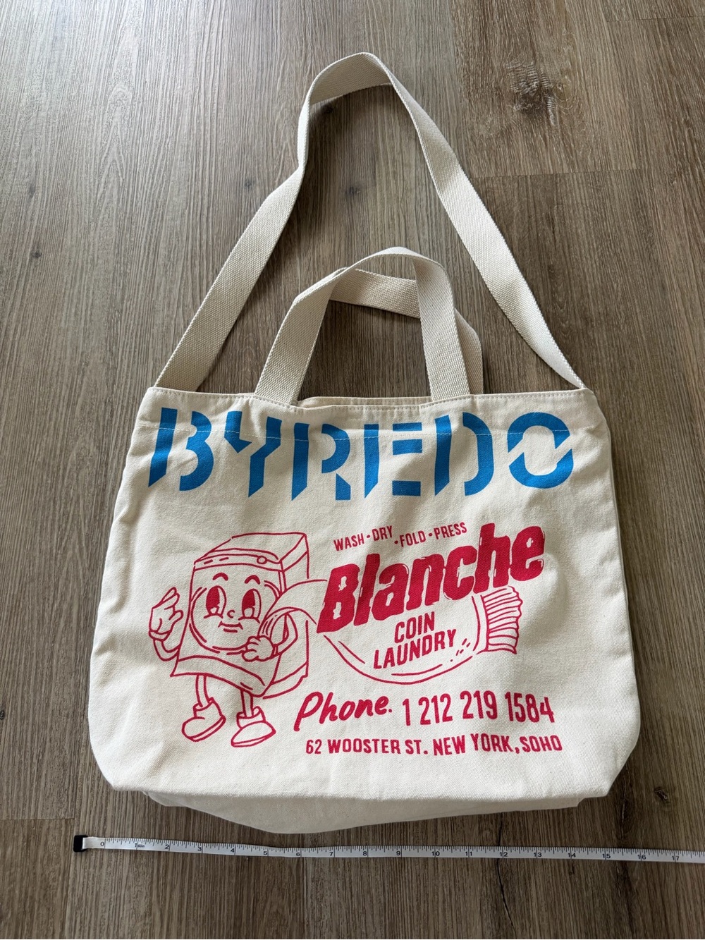 Byredo Blanche Canvas Tote in Cream with Blue & Red Logo Print
